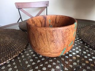 Mesquite bowl with turquoise inlay